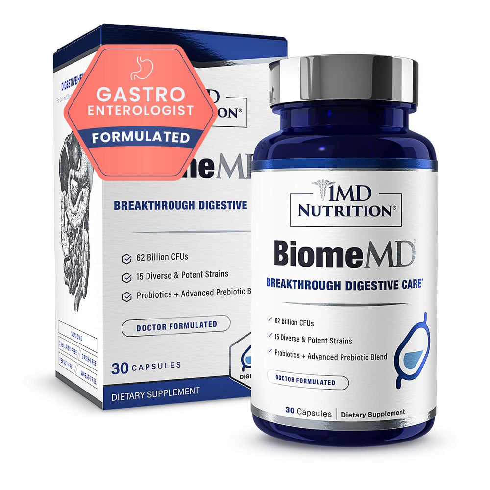 1MD BiomeMD Probiotics bottle-front promotes digestive balance with 62B CFUs and 15 strains.