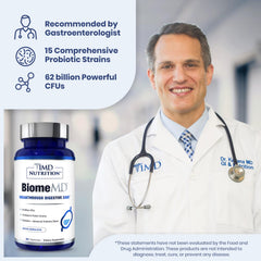 1MD BiomeMD Probiotics bottle-pour shows easy daily servings for gut health.