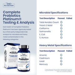 Graphic depicts 11 probiotic strains including Lactobacillus acidophilus and Bifidobacterium lactis.