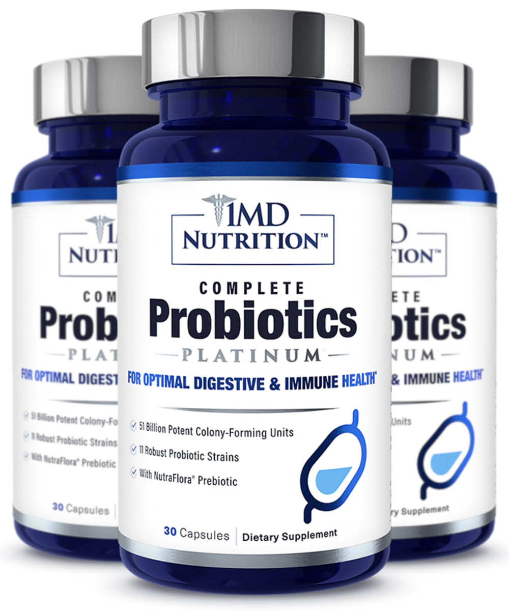 1MD Complete Probiotics Platinum bottle and capsules promoting gut health