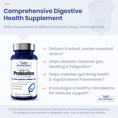 Side view of the 1MD Complete Probiotics Platinum bottle on a countertop