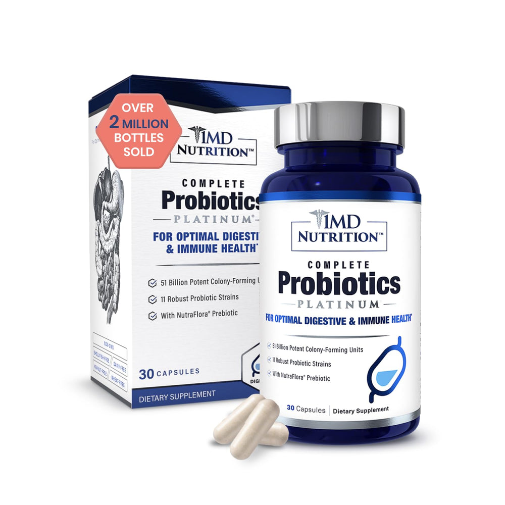 1MD Nutrition Complete Probiotics Platinum bottle shows 51B CFUs for daily balance.