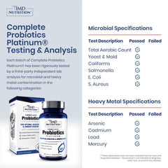 Close-up of 1MD Complete Probiotics Platinum capsules highlighting dairy-free formula