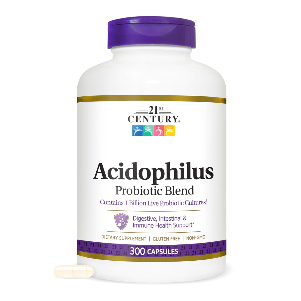 21st Century Acidophilus bottle label shows a trusted probiotic blend for daily gut balance