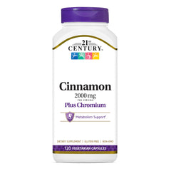 21st Century Cinnamon Plus Chromium bottle shown for daily metabolism support in a gluten-free formula.
