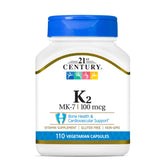 21st Century K2 MK-7 bottle front showing vegan capsules for bone and heart support