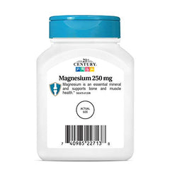 21st Century Magnesium 250 mg tablets closeup—compact pills designed for easy swallowing.