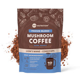360 Nutrition Instant Mushroom Coffee cup showing cordyceps, lion's mane, and ashwagandha for focus