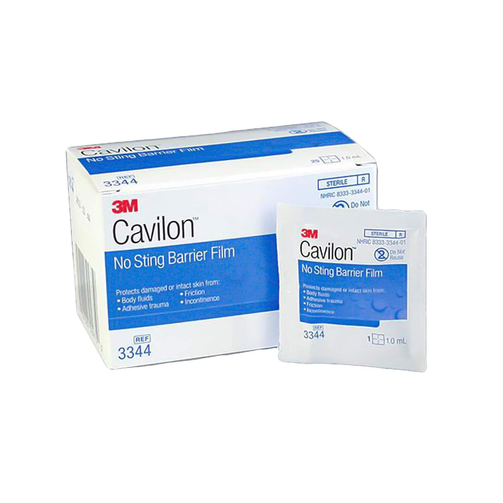 3M Cavilon barrier film wipe packaging highlights sterile, alcohol-free protection for sensitive skin.