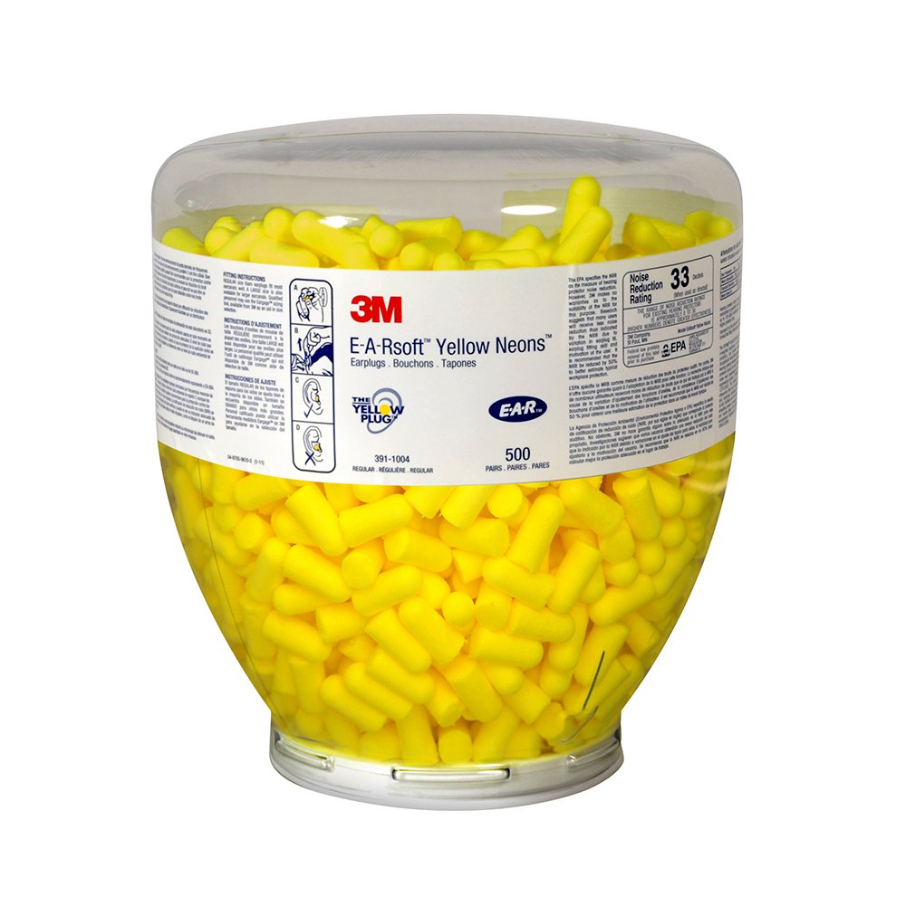 3M E-A-Rsoft Yellow Neons 391-1004 bottle, 500 pairs, for reliable hearing protection on busy worksites.