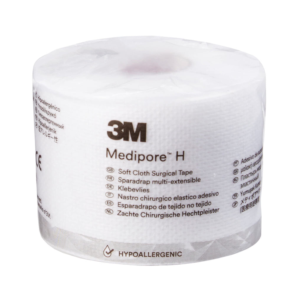 3M Medipore H soft cloth tape rolls in package, easy-tear perforations for quick handling.