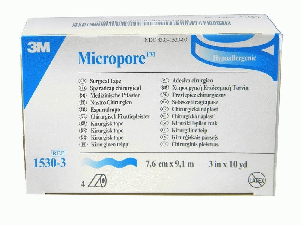 3M Micropore Surgical Tape White, 3in x 10yds, breathable and latex-free for gentle wound care.
