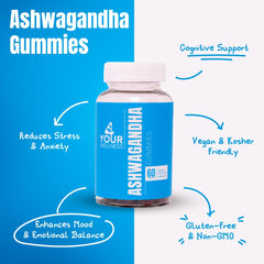 4 Your Wellness Ashwagandha Gummies close-up with Lion's Mane for focus.