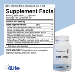 4Life Stress Formula capsules closeup highlights valerian and chamomile ingredients