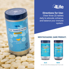 Close-up of 90 chewable tablets in a container emphasizing 4Life citrus cream flavor