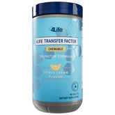 4Life Transfer Factor chewables bottle close-up highlighting citrus cream flavor and convenient daily immune support