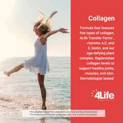 4Life Transfer Factor Collagen label closeup shows ingredients and benefits.