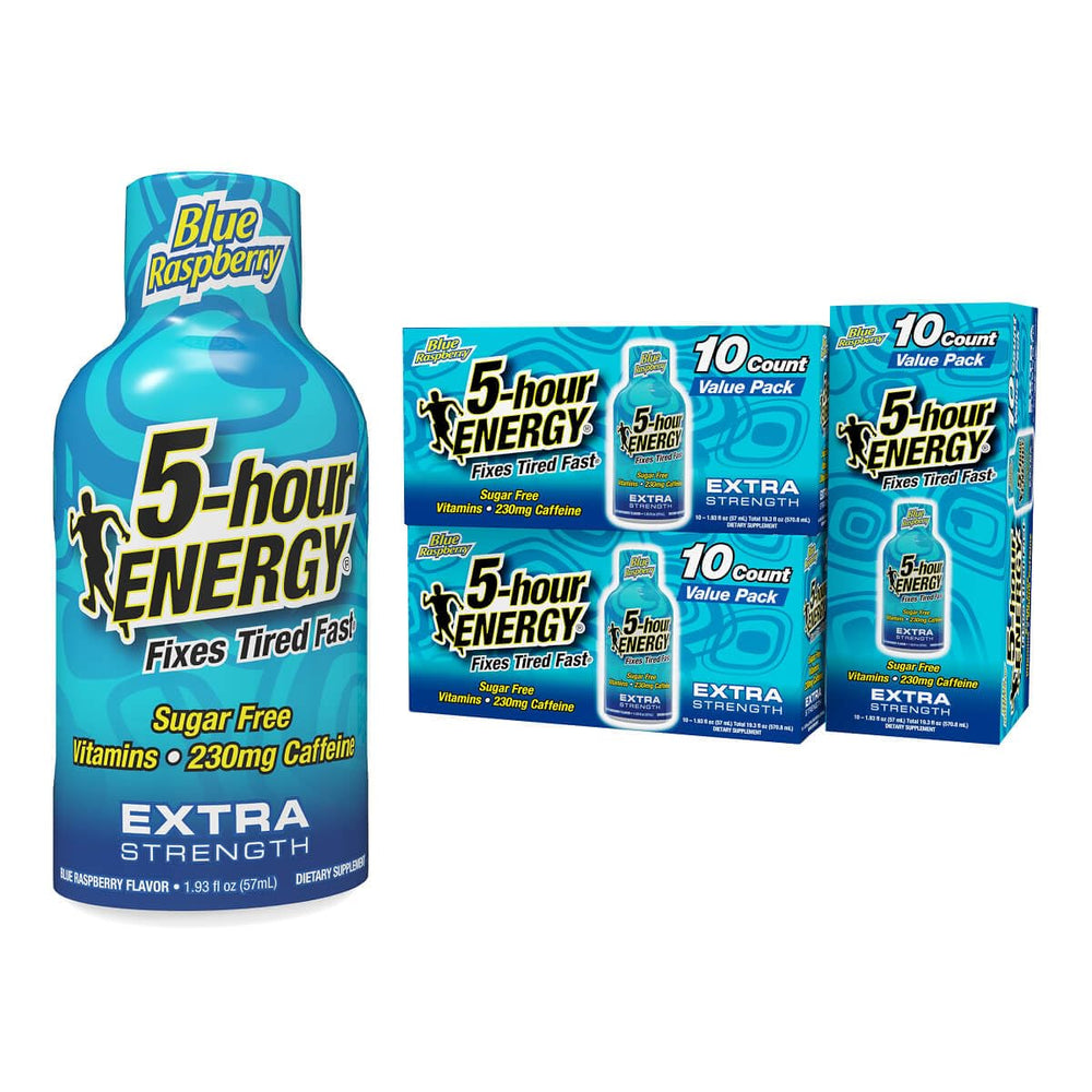 5-hour ENERGY Blue Raspberry Shot pack shows convenient, caffeine-boosting energy on the go