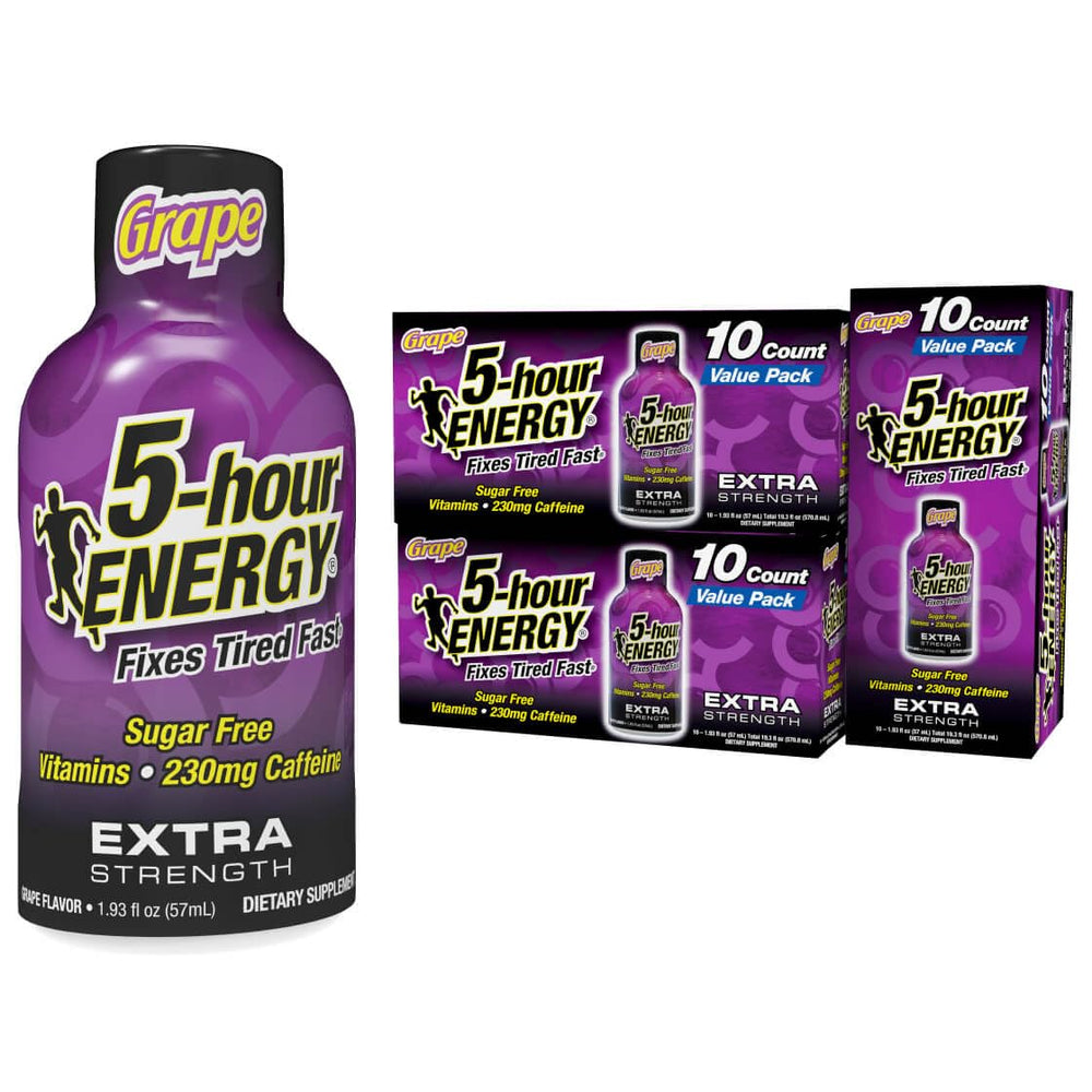 5-hour ENERGY extra strength grape bottle showing portable energy option