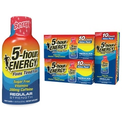 5-hour ENERGY Berry bottle shows sugar-free, zero-calorie energy for on-the-go boosts.