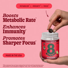 Close-up of 8Greens gummies highlighting Apple flavor and fruity texture.