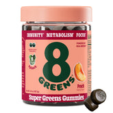 8Greens Supergreens Gummies bottle front, peach flavor, convenient daily nutrition reminder.