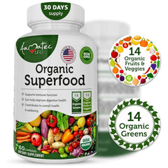 AAMATEC LIFE ingredients chart, showing 14 greens and 14 vegetables