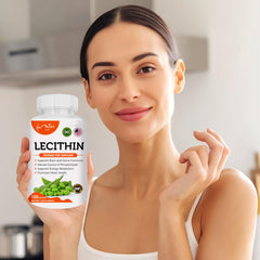 Closeup of AAMATEC LIFE lecithin capsules highlights convenient, one-a-day dosing