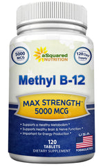 aSquared Nutrition Vitamin B12 tablet front view, highlighting 5000 mcg potency for energy support