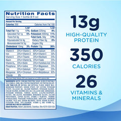 Abbott Ensure Plus Vanilla pour glass illustrates on-the-go nutrition in a shake.