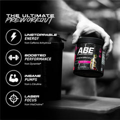 ABE All Black Everything preworkout label closeup highlights clean formula.