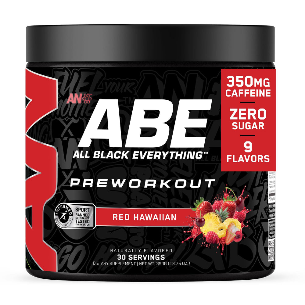 ABE All Black Everything preworkout powder container highlighting energy-boosting formula for workouts.