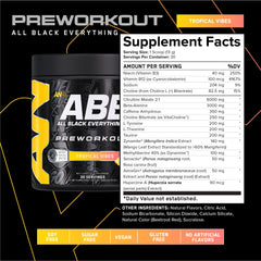 ABE All Black Everything pre-workout scoop over powder guiding quick mix for focus.