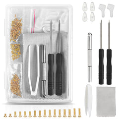 AccEncyc gold eyeglass repair kit contents laid out for quick, on-the-go adjustments