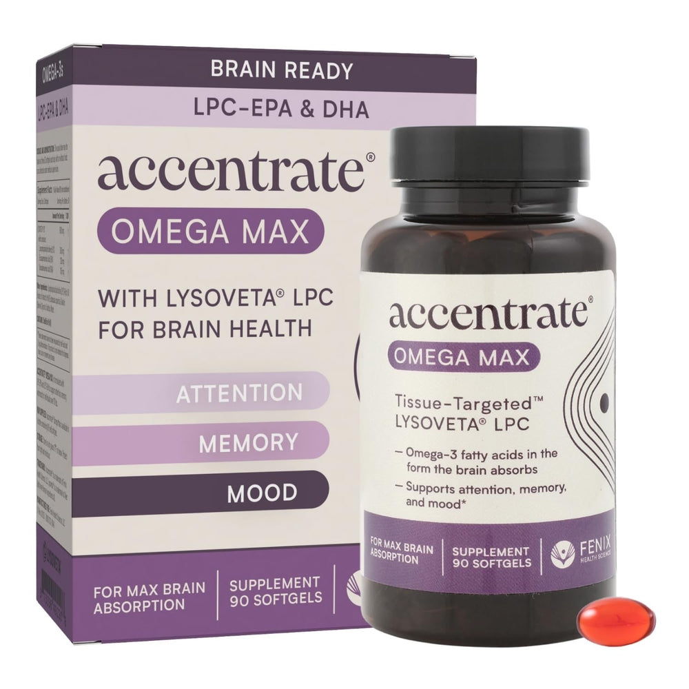 Accentrate Omega Max bottle front, premium brain-supporting omega-3.