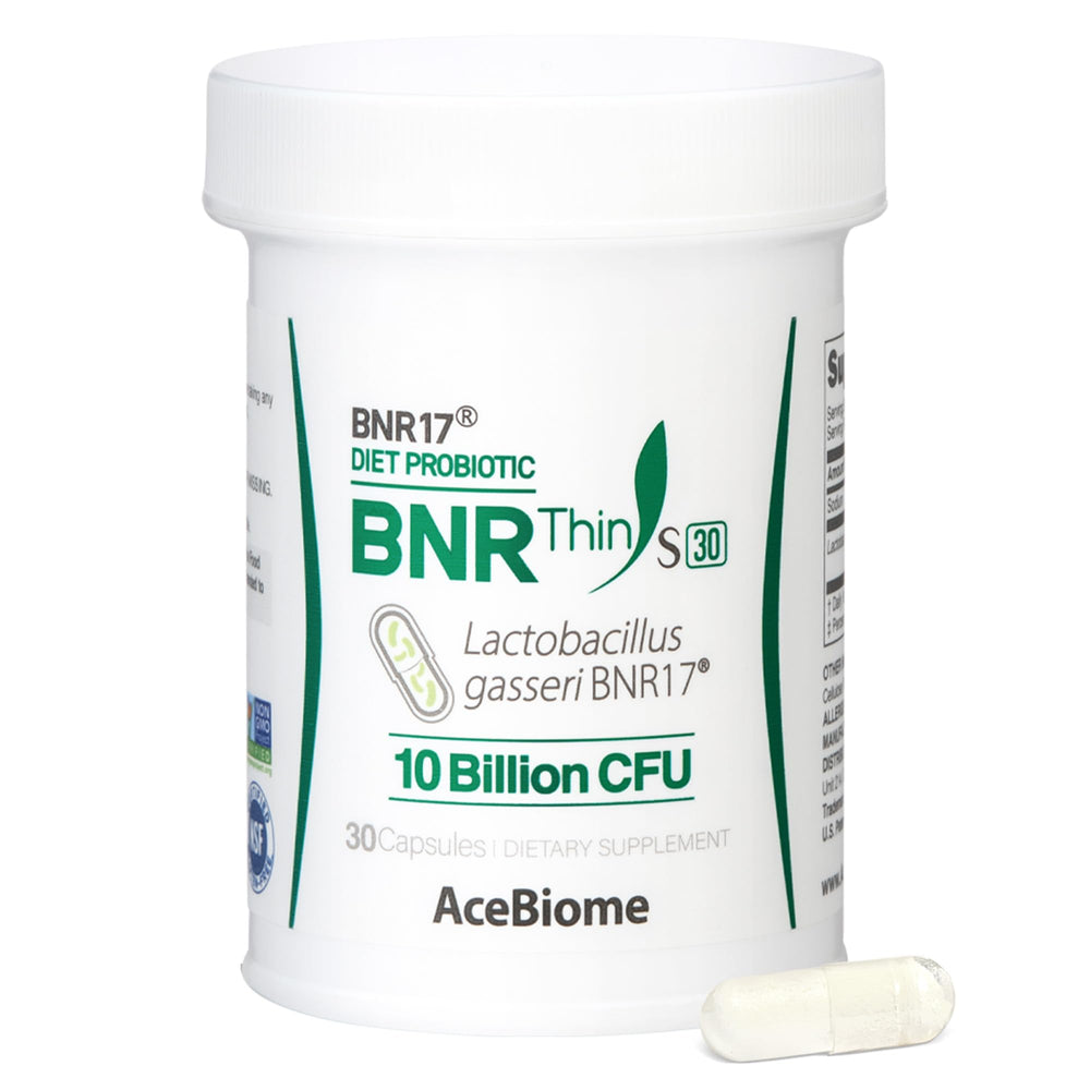 AceBiome BNRThin S30 bottle front showing probiotic with 10 billion CFU for gut balance