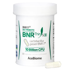AceBiome BNRThin S30 bottle front showing probiotic with 10 billion CFU for gut balance
