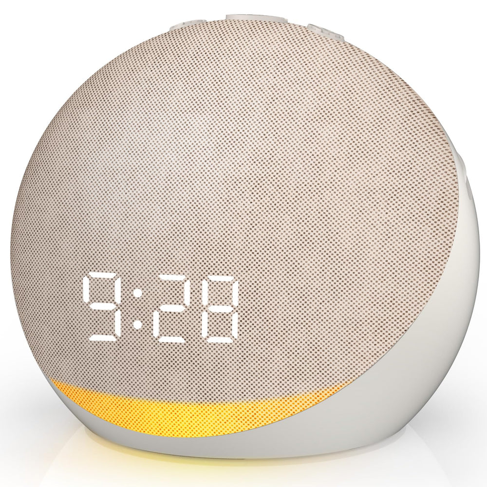 Acedeck sound machine alarm clock on a nightstand showing compact bedside design