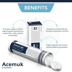 Acemuk NAC 600 mg tablet closeup highlighting clean, easy-to-swallow formulation.