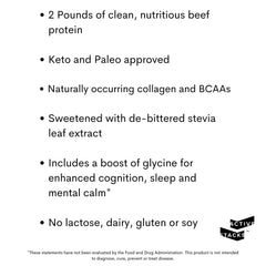 Active Stacks beef protein isolate chocolate bottle—keto and paleo friendly packaging.