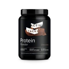 Active Stacks beef protein isolate chocolate pour—creamy shake ready for post-workout recovery.