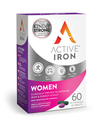 Active Iron bottle close-up showing the 25mg iron and women's multivitamin blend for daily energy.