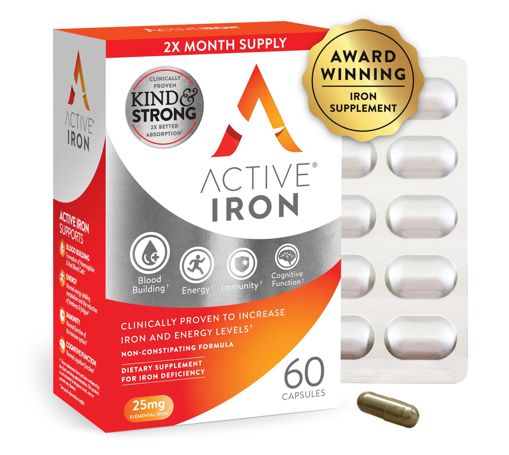 ACTIVEIRON bottle front view showing easy-to-swallow capsules for daily energy support.