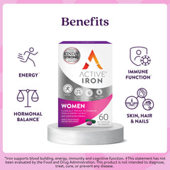 Active Iron ingredients label highlights 17 essential vitamins and minerals for women.