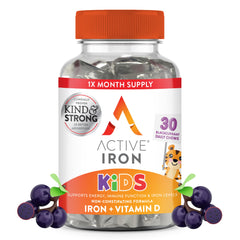 ActiveIron Kids Iron Chews bottle with blackcurrant flavor for daily nourishment.