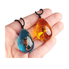Natural Baltic amber pendant closeup showing scorpion inclusion and color variations