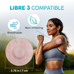Close-up of beige Libre 3 patch with durable adhesive
