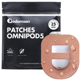 Adamson Omnipod 5 overpatch beige packaging showing waterproof protection and long wear
