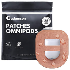 Adamson Omnipod 5 overpatch beige packaging showing waterproof protection and long wear