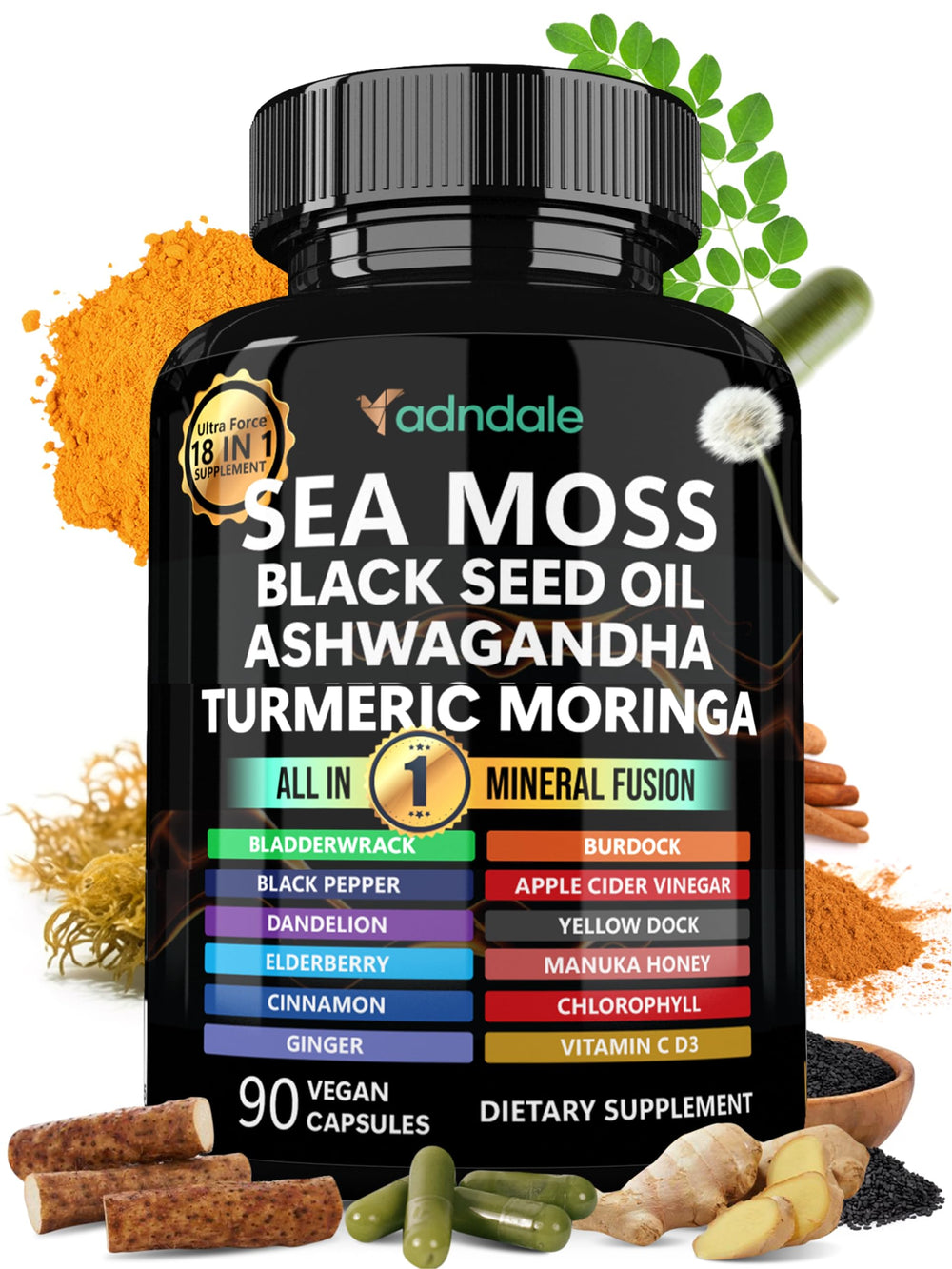 Adndale Sea Moss 18-in-1 Fusion bottle with capsules for daily wellness.